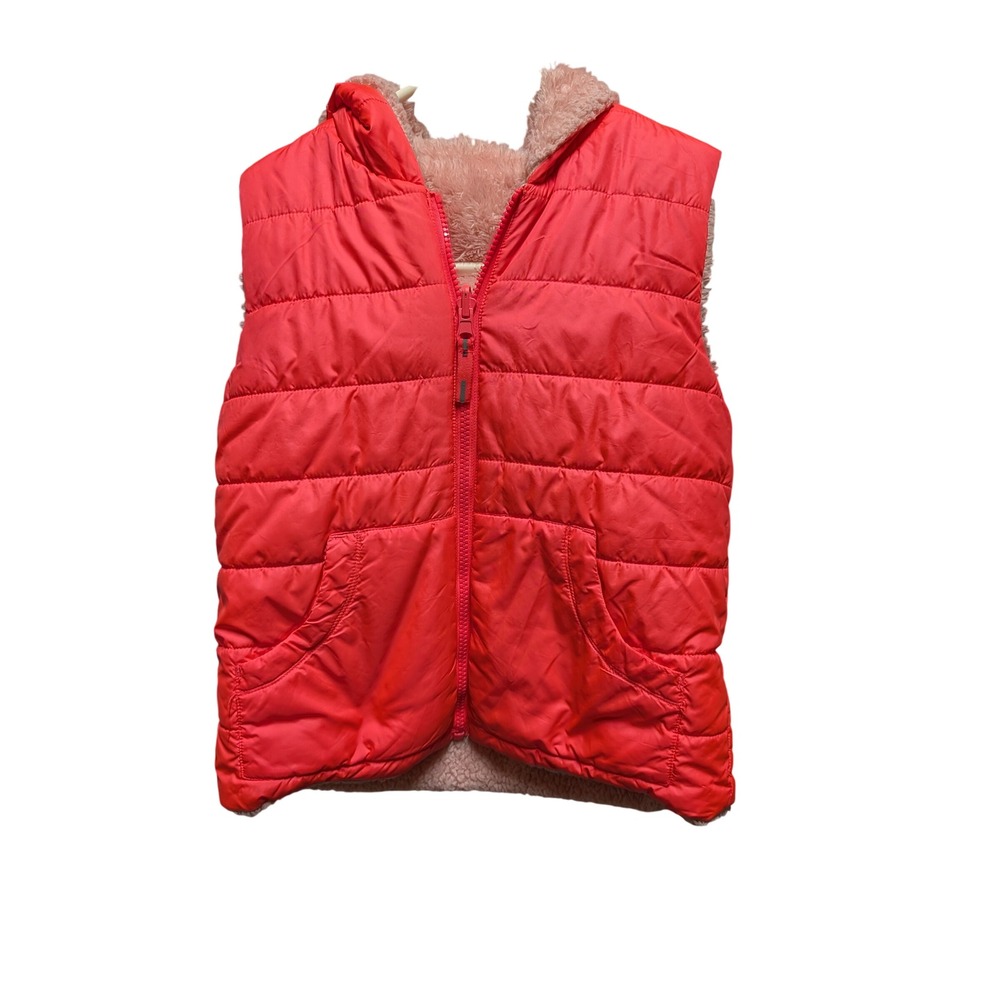 Cat & Jack Reversible Puffer Vest Kids M 7/8 Coral Pink Excellent Hooded Teddy